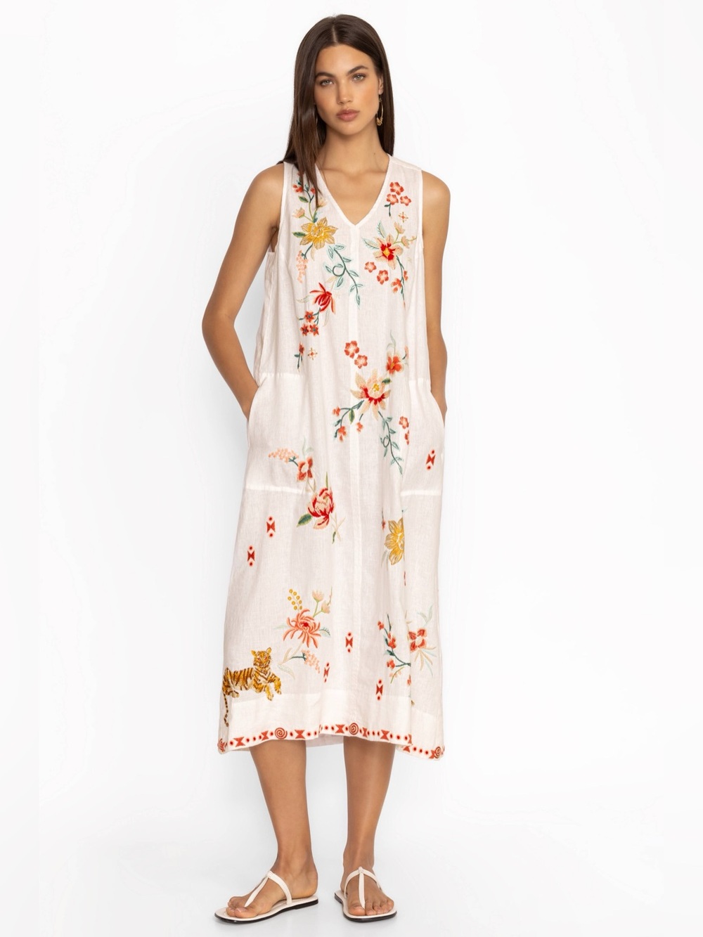 Johnny Was Joya Linen Tank Dress XL White Embroidered Tiger Floral Maxi